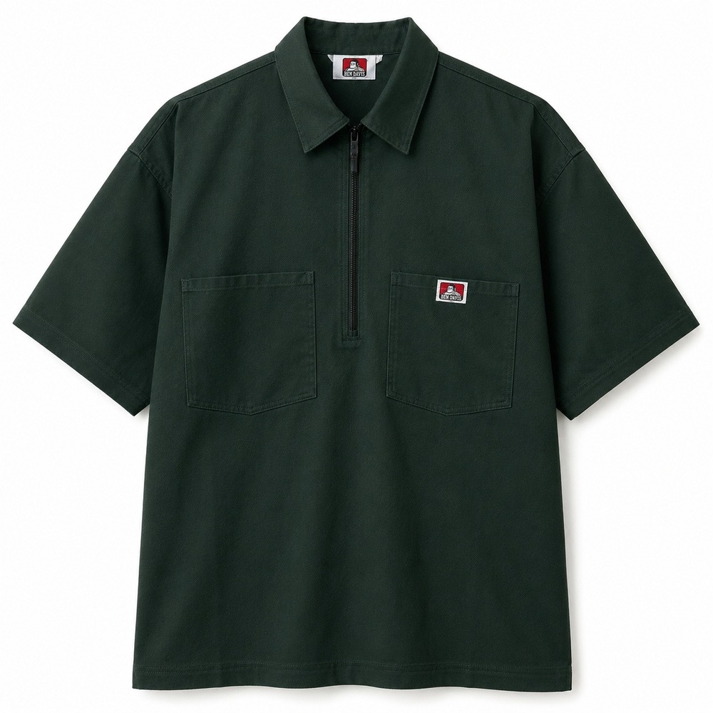 Ben Davis Shirt Mens XL Green Half Zip Short Sleeve Polo Work Streetwear Skater